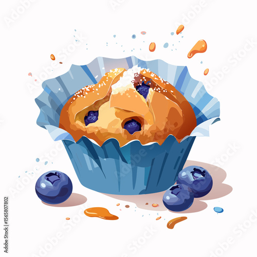 A torn blueberry muffin bursting with juicy berries, cracked sugar top, and oily wrapper. Perfect vector for breakfast blogs, bakery ads, or editorial food features.