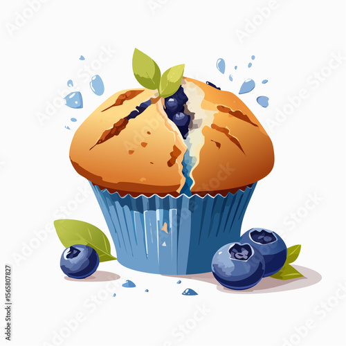 A torn blueberry muffin bursting with juicy berries, cracked sugar top, and oily wrapper. Perfect vector for breakfast blogs, bakery ads, or editorial food features.
