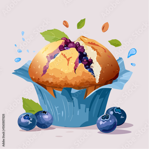A torn blueberry muffin bursting with juicy berries, cracked sugar top, and oily wrapper. Perfect vector for breakfast blogs, bakery ads, or editorial food features.