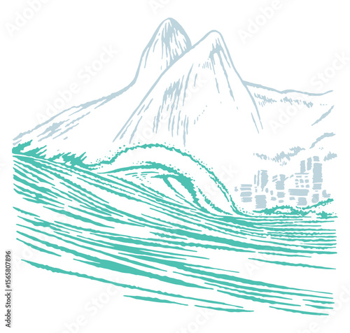 Graphic style art of the coastal region of the city of Rio de Janeiro, Brazil.