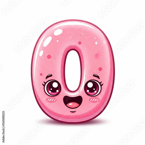 Cute Kawaii Number 0 with Candy Texture and Smiling Face – Isolated PNG on White Background


