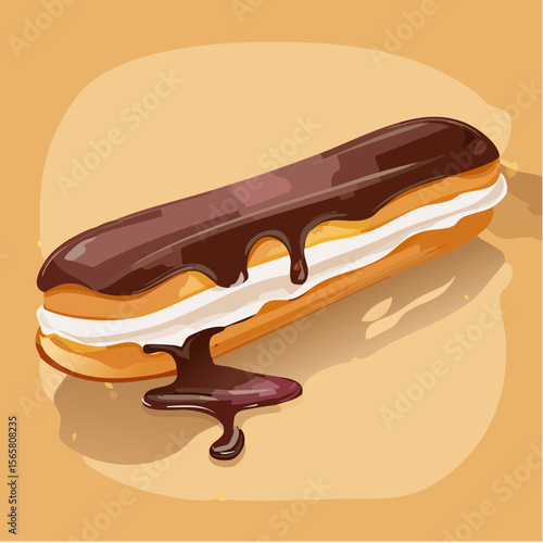A chocolate éclair broken open with rich ganache smudged and pastry cream spilling out. This indulgent vector is perfect for dessert menus, blogs, and packaging.