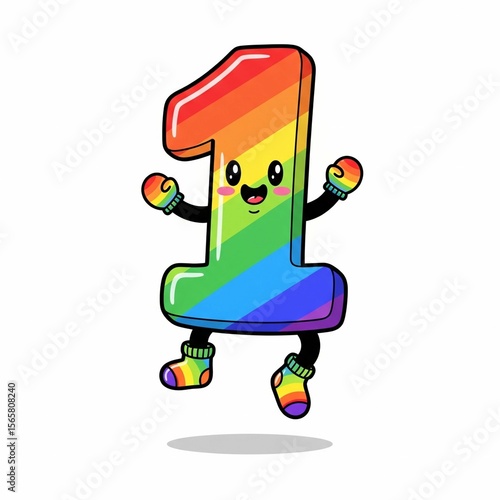 Funny Jumping Number 1 with Rainbow Socks and Cartoon Face – Kawaii Style PNG Illustration