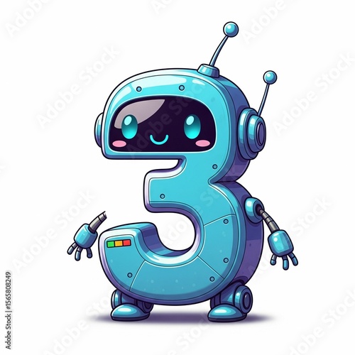 Mini Robot Number 3 with Smiley Face – Cute Tech Cartoon on White Background

