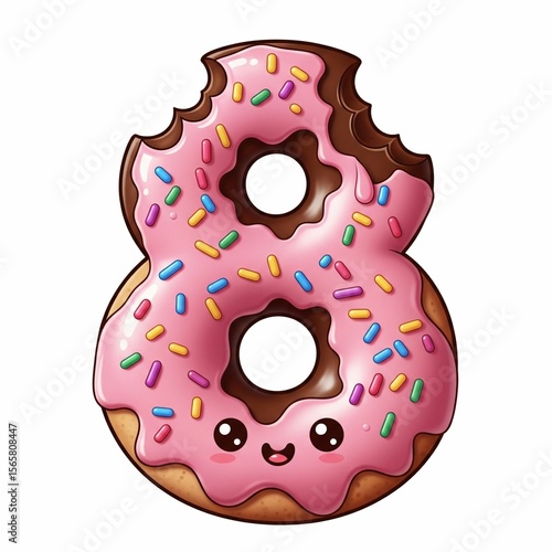 Chocolate Donut Number 8 with Pink Icing, Sprinkles, and Bite Mark – Cute Food Cartoon PNG