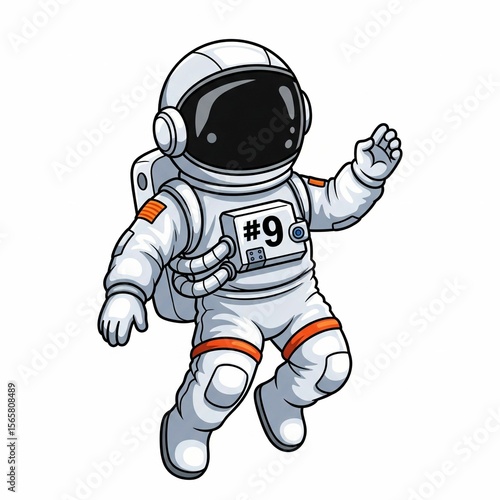 Astronaut Number 9 Floating in Space with Helmet and Suit – Kawaii Outer Space PNG Character


