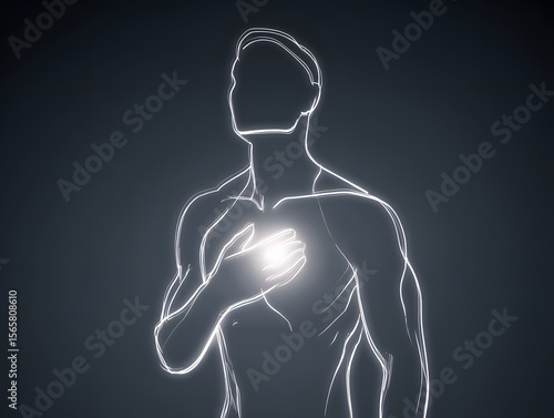 Inner Radiance: A line-art illustration of a human figure with a bright light emanating from the chest, symbolizing inner strength, vitality, and the essence of the human spirit.