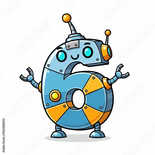 Mini Robot Number 6 with Antenna and Smiley Face – Cute Tech Cartoon on White Background
