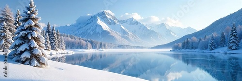 Serene Winter Wonderland Snow-Covered Trees, Frozen Lake, and Majestic Mountain Range under a Clear Blue Sky