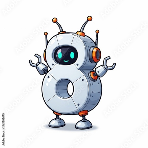 Mini Robot Number 8 with Antenna and Smiley Face – Cute Tech Cartoon on White Background
