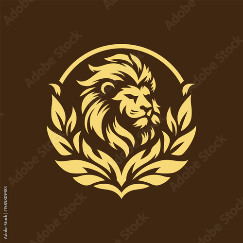 Lion with circular leaf ornament logo. A majestic symbol combining strength, elegance, and natural harmony. Ideal for royal, eco, or premium brand identity.