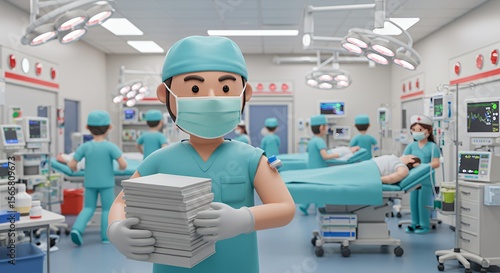 Busy surgical team with a cartoon doctor carrying medical files in a modern operating room.
