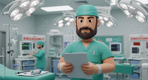 Confident cartoon surgeon reviews patient charts in a modern operating room, showcasing a calm and professional demeanor.