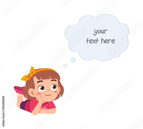 Cute Girl Lying Down Thinking with Dream Cloud and a Yellow Bow on Her Head