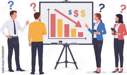 Business meeting presentation showing loss graph and question marks discussing financial crisis strategy