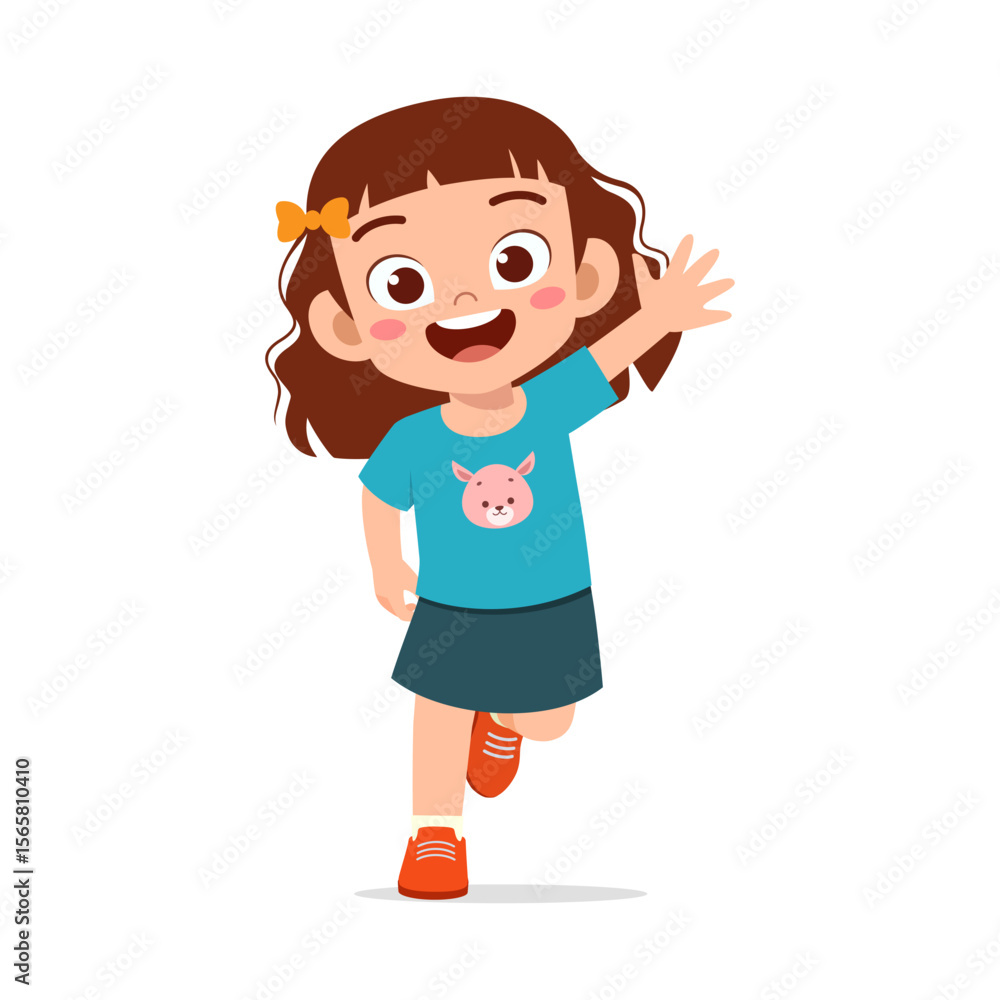 Happy little girl waving hand wearing blue shirt and orange bow on a white background Happy little girl waving hand wearing blue shirt and orange bow on a white background