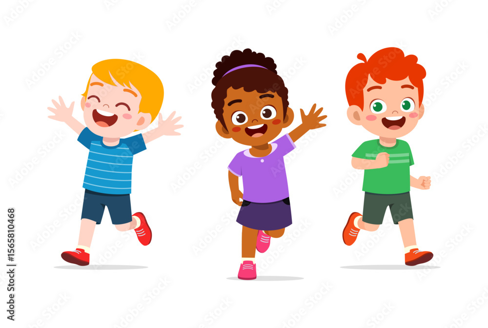 Happy Smiling Children Running Together, Caucasian, and African Ethnicity Joyful in Illustration Happy Smiling Children Running Together, Caucasian, and African Ethnicity Joyful in Illustration