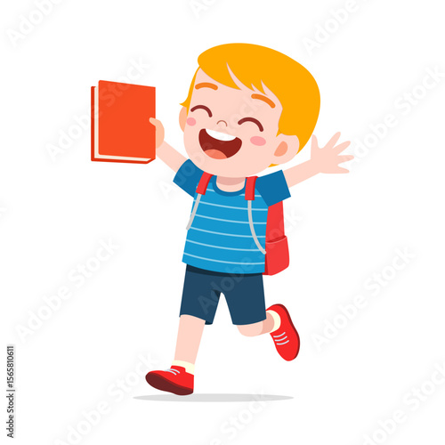 Happy Caucasian Boy Running with Book and Backpack with joyful expression