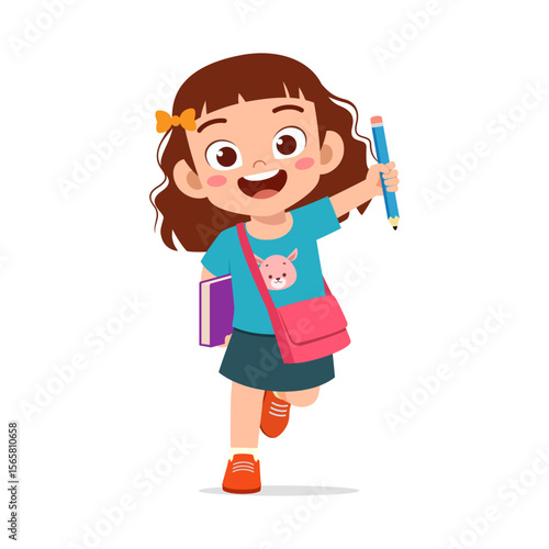 Happy Little Girl Holding Pencil and Book with Joyful Expression Illustration
