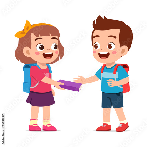 Smiling School Children Exchanging a Book Illustration of Boy and Girl With Backpacks