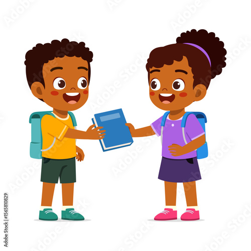African American kids exchanging a book happily, wearing school bags in cartoon style illustration.