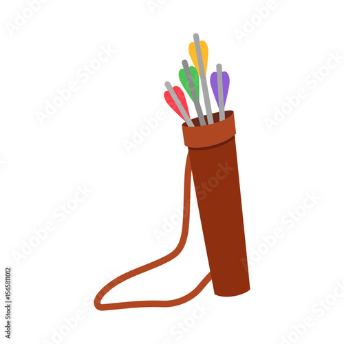 Brown quiver containing arrows with colorful fletching on a white background.