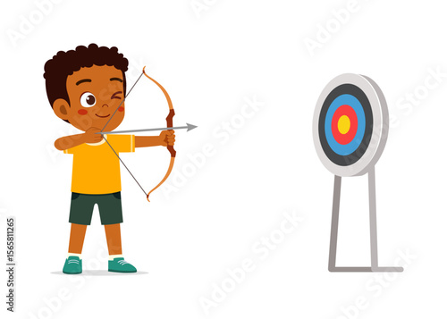 Young African American boy aiming an arrow at a target with a bow and arrow, cartoon style