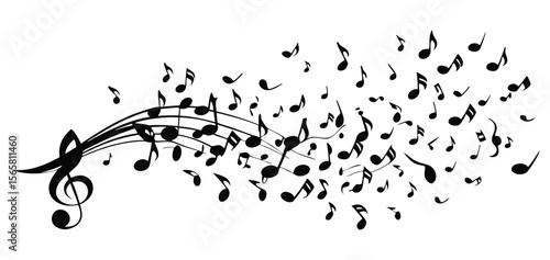 A dynamic black and white illustration of a G-clef with musical notes and staff lines flowing outwards in an energetic, scattered pattern, symbolizing sound and melody.