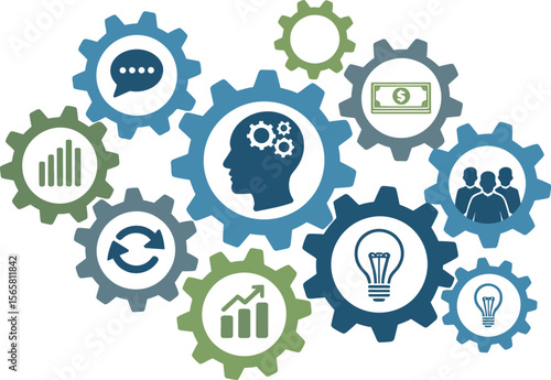 Business strategy gears mechanism teamwork innovation process management solutions thinking idea concept