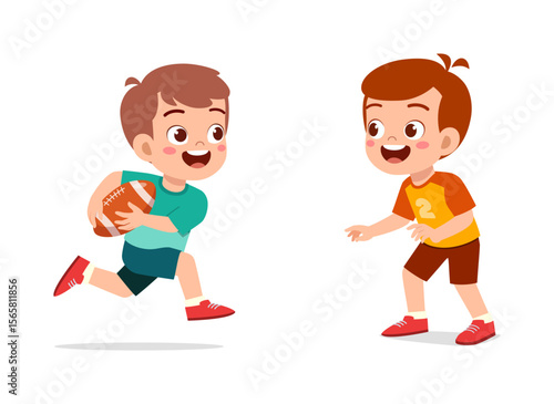 Two happy cartoon boys playing with a football, one running with the ball