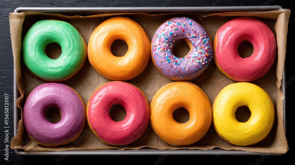 Fototapeta premium Colorful Assortment of Glazed Donuts with Sprinkles on a Dark Background in a Cardboard Tray for a Delectable Dessert Experience