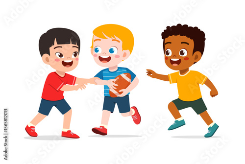 Three diverse boys playing with football, running with happy expressions cartoon style