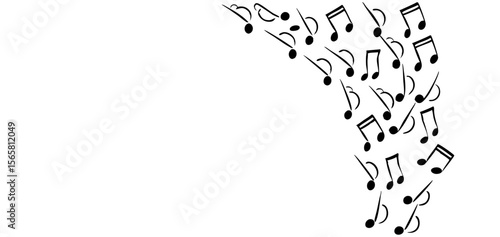 A dynamic black and white illustration featuring numerous hand-drawn musical notes cascading in a fluid, arcing motion against a clean white background, evoking melody and movement.