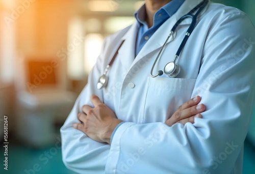 Close-up of a doctor's torso in a white coat with a stethoscope hanging from the pocket, hands folded calmly, no face visible, clean hospital background — realistic medical photo