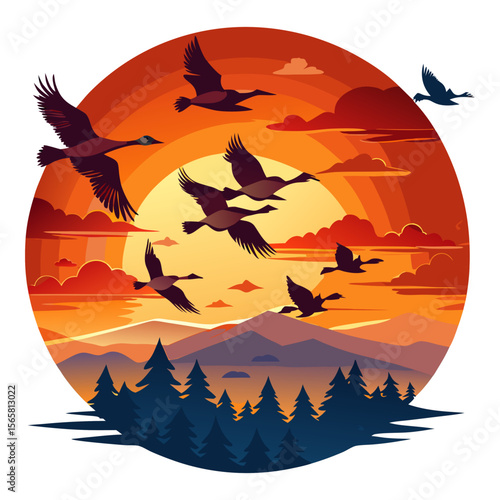 A captivating illustration of geese flying in formation against a vibrant sunset sky, with a serene landscape of mountains and pine trees below, framed in a circle.