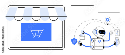 Robot managing e-commerce tasks thumbs up order processing and security near online storefront. Ideal for automation, online business, e-commerce, AI tools, logistics, technology, productivity