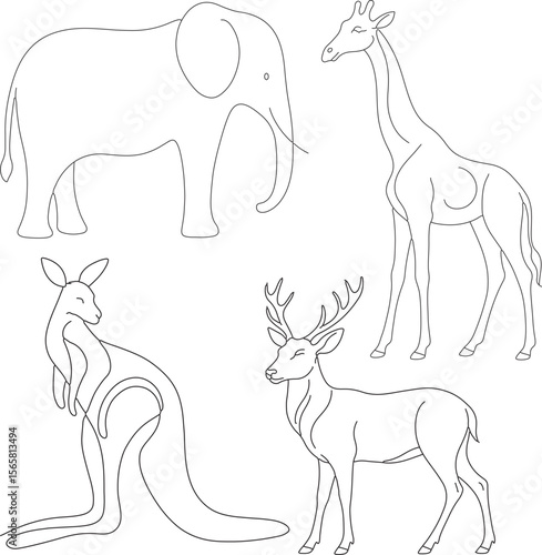Line Art Black White Flat Illustration of animals, wild animals, elephant, deer, giraffe, Kangaroo