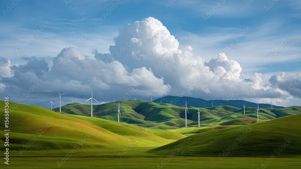 Fototapeta premium Lush green rolling hills under a dramatic sky with white clouds and wind turbines generating renewable energy in a beautiful landscape setting