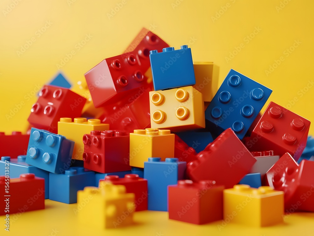 Naklejka premium Colorful Building Blocks: A vibrant collection of colorful plastic building blocks are neatly arranged against a soft, yellow background, beckoning creative potential and playful possibilities.
