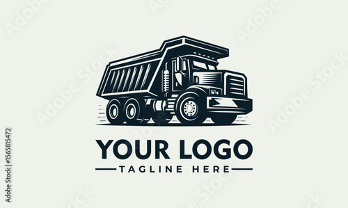Vintage graphic logo design of a large, dark-colored dump truck, featuring a stylized, bold design.