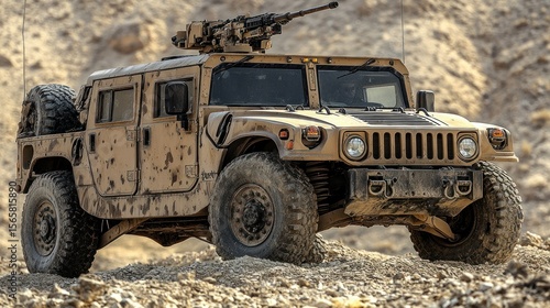 Military vehicle, likely HMMWV, on rocky terrain, armed with mounted machine gun