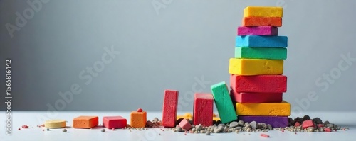 A vibrant stack of colorful blocks precariously balanced, about to topple, representing the concept of colorful failure and unstable success , risk, building blocks