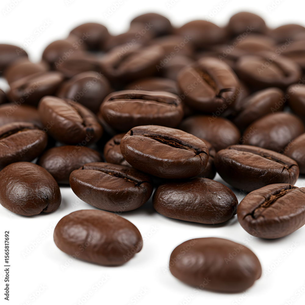 Rich Dark Roasted Coffee Beans Pile on white background for Delicious Espresso Brew Rich Dark Roasted Coffee Beans Pile on white background for Delicious Espresso Brew