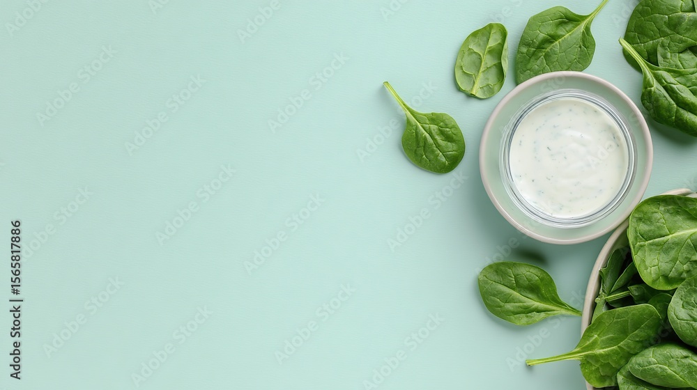 Fresh green spinach leaves and a bowl of ranch sauce, pastel backgrounds, colorful backgrounds and copy space, perfect for menu design or advertising. Fresh green spinach leaves and a bowl of ranch sauce, pastel backgrounds, colorful backgrounds and copy space, perfect for menu design or advertising.
