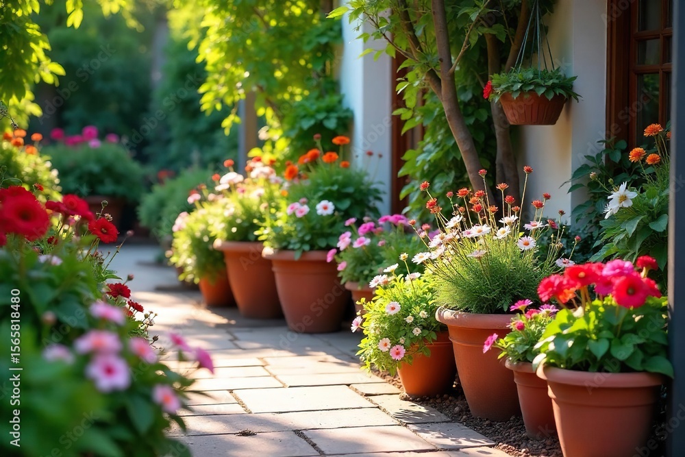 Naklejka premium Tranquil Patio Garden Oasis Vibrant Flowers in Terracotta Pots, Perfect Summer Home Decor Inspiration