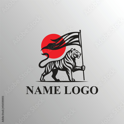 Tiger holding a flag with red moon background logo. A bold symbol of strength, leadership, and determination. Ideal for esport, warrior, or bold brand identity.