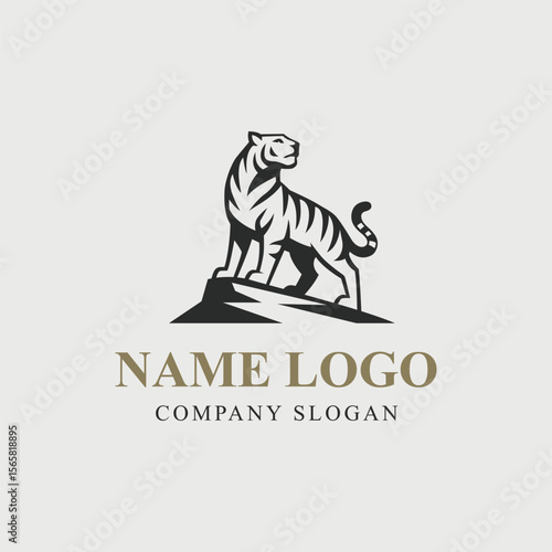 Tiger standing on cliff logo. A bold and powerful symbol of strength, dominance, and wilderness. Perfect for wildlife, adventure, or bold brand identity.