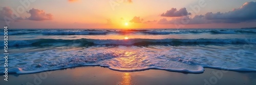 Serene Sunset Waves Gently Lap Tranquil Shore Peaceful Ocean Landscape for Meditation and Relaxation