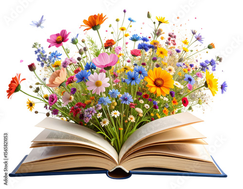  Open Storybook Exploding with Wild Botanical Florals Magical Concept isolated on transparent background PNG