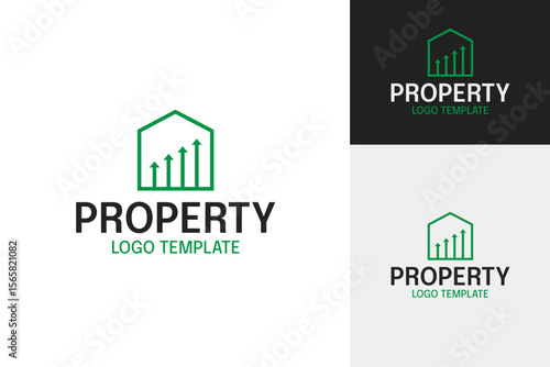 Modern real estate logo design vector with house roof and growth bar icon